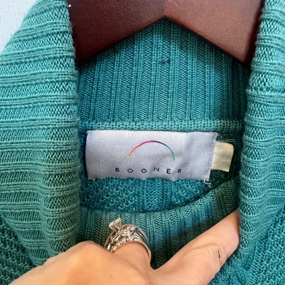 Vintage Bogner Teal Wool/Acrylic Cable Knit Turtleneck Sweater LIKE NEW Sz M - Picture 4 of 10